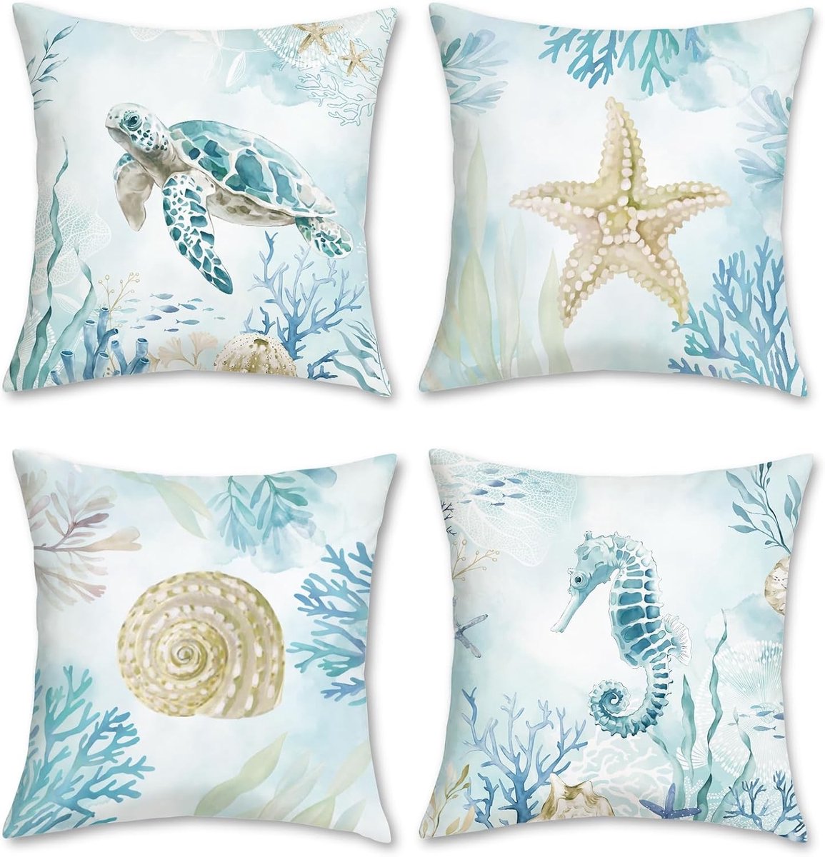 Decoratieve Kussenhoezen met Zeeleven Thema - Sterren, Schelpen en Zeepaardjes - Set van 4, 45x45cm voor Sofa en Bed