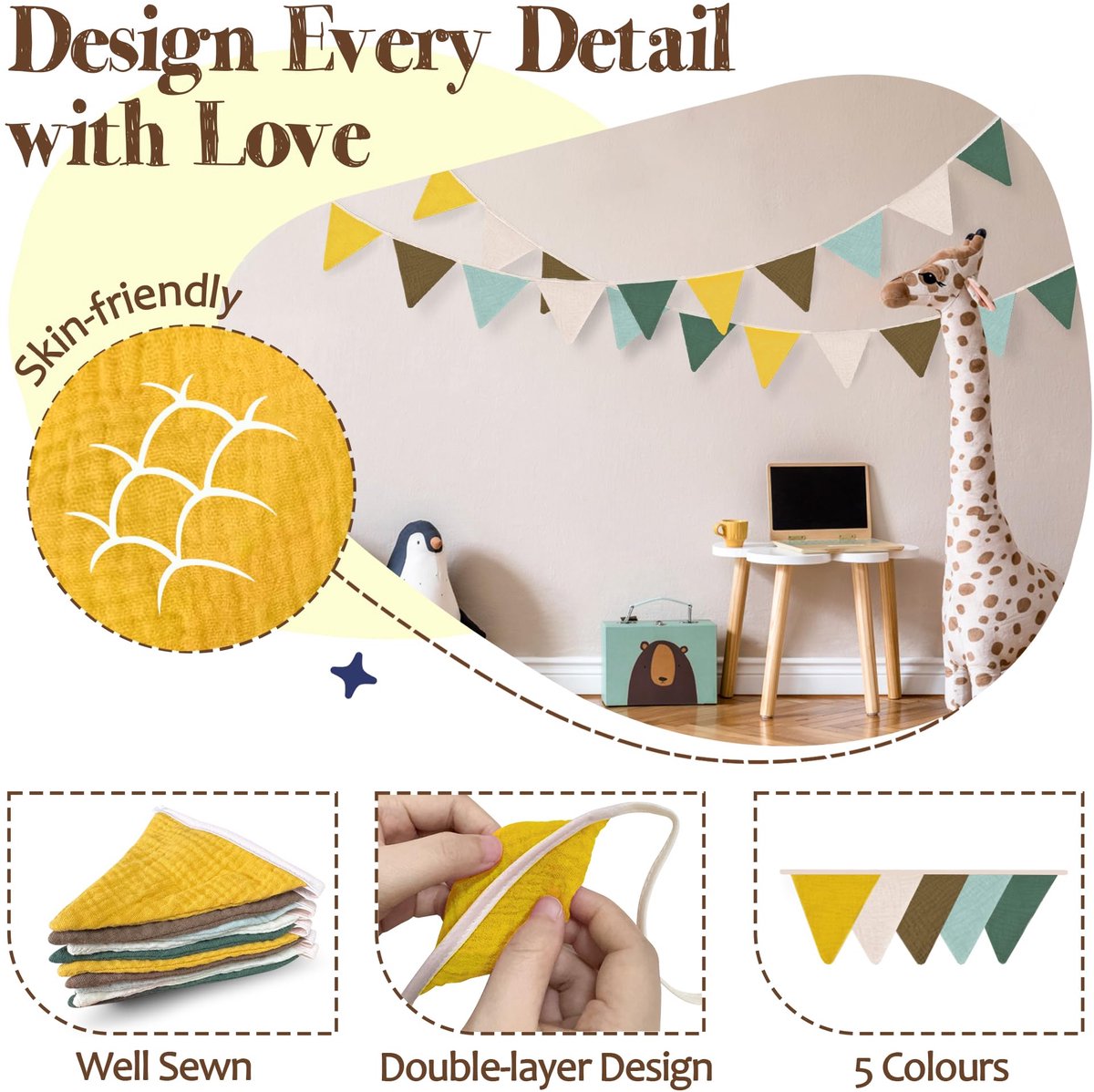 SnelShoppen - Wimpelslinger voor Kinderkamer - 2 Stuks 2,7 m Stoffen Slinger - Gele Decoratie voor Kinderkamer, Baby- en Verjaardagsfeest - Perfect vo