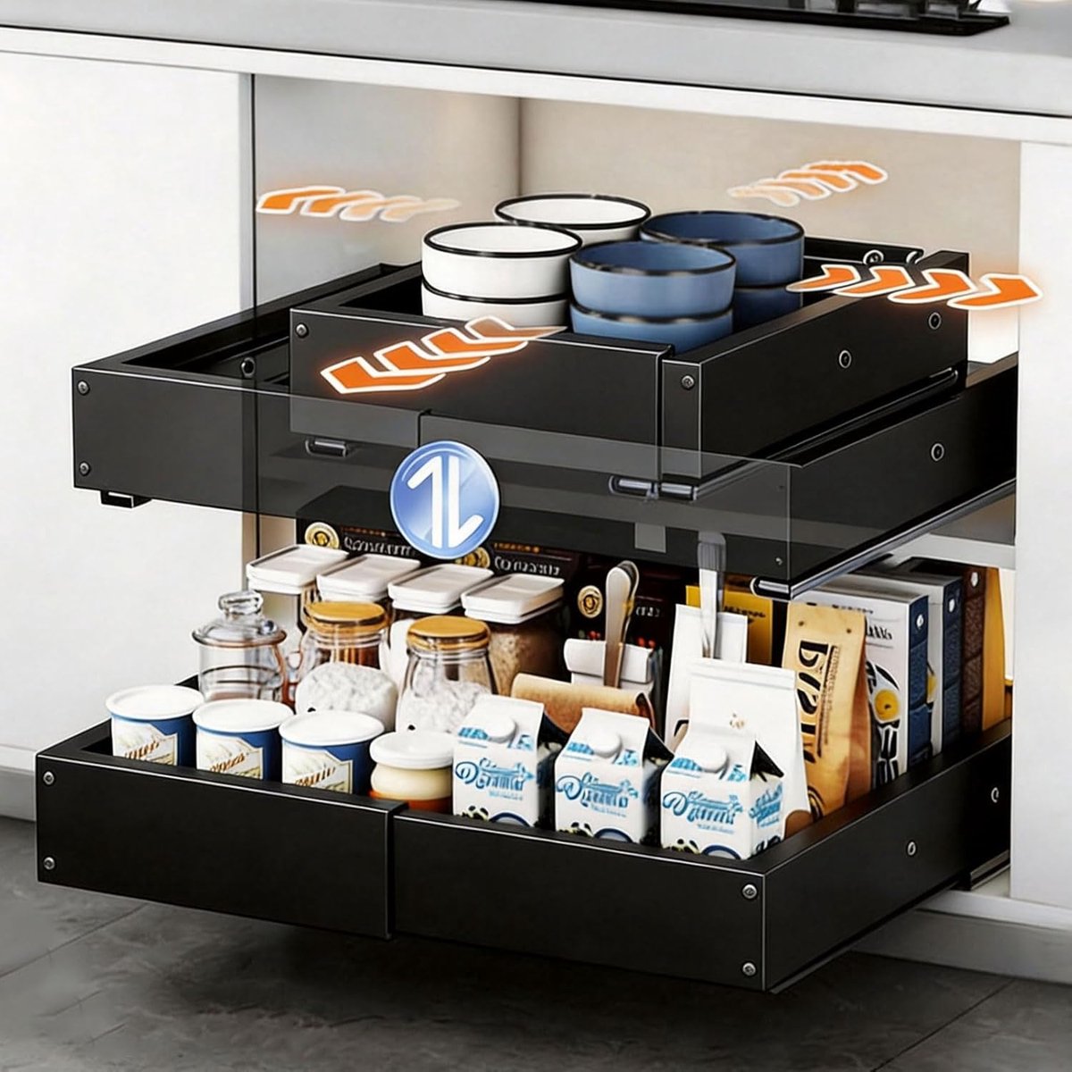 SnelShoppen - Uitschuifbare Keukenladen Zonder Boren Zwart 41,5-55 cm - Praktische Lade voor Keuken, Opbergruimte, Flexibel en Sterk Design