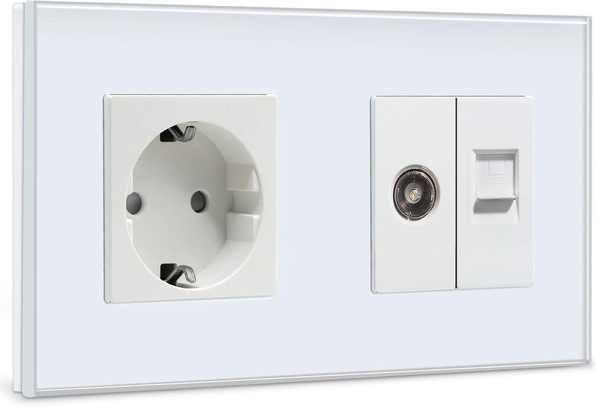 SnelShoppen - Schuko-stopcontact met 1/2 coax-aansluiting voor tv-antenne en RJ45-Cat5e-ethernet-aansluiting, wandcontactdoos 16 A, kristalglas, wit,