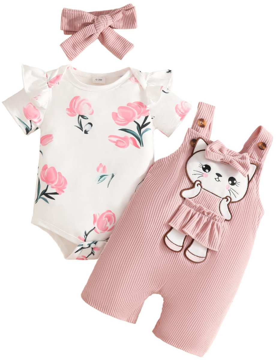 SnelShoppen - Schattige Baby Meisjes Kleding Outfits Herfst Winter - Rompers met Liefde Print en Cartoon Beer - 3 Stuks Korte Mouwen Roze Bedrukt Katj