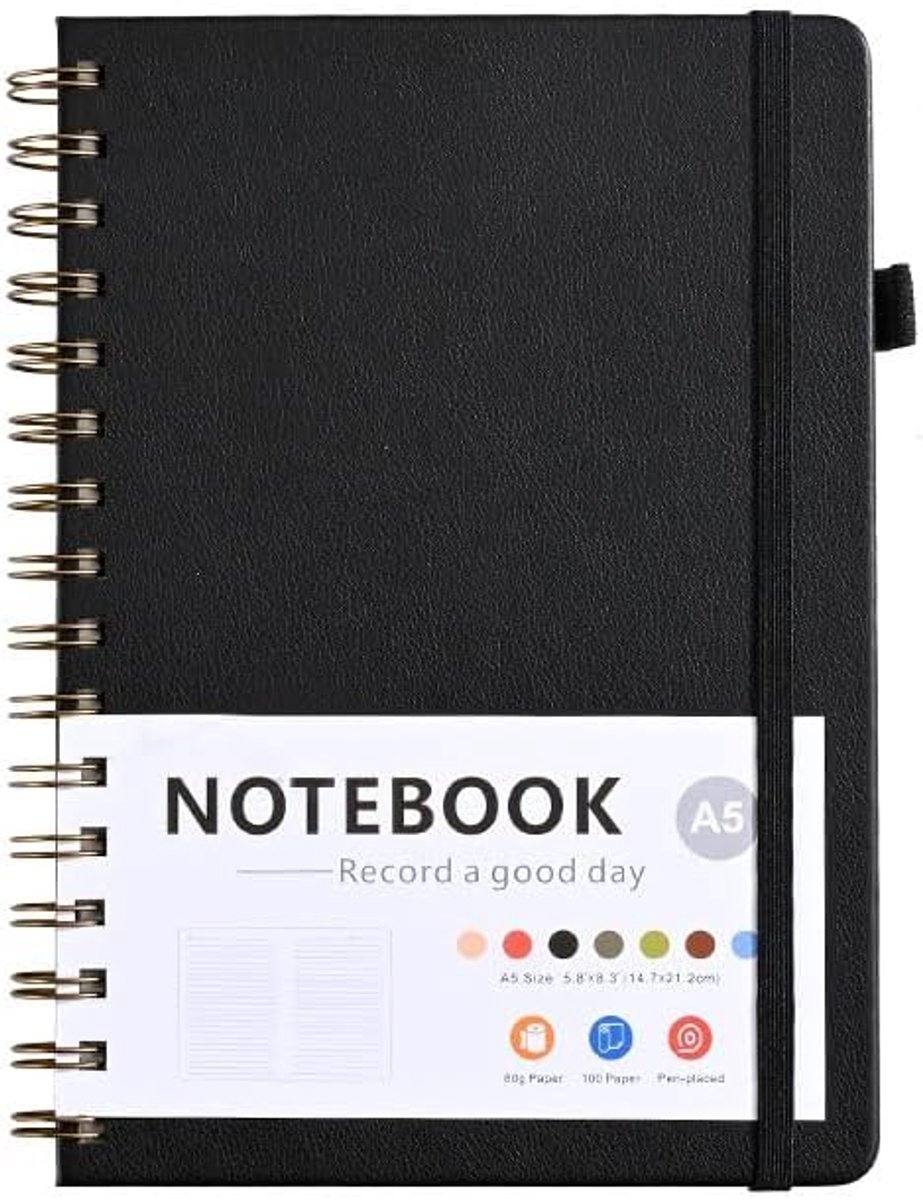 Notitieboek a5 - notitieblok -notitieboekje a5 - dagboek - dagboek volwassenen - planner - leren notitieboek– Spiraalgebonden gelinieerd notitieboek – Voor werk, studie, notities maken, dagboekschrijven - 100 vel - 200 pagina's - zwart
