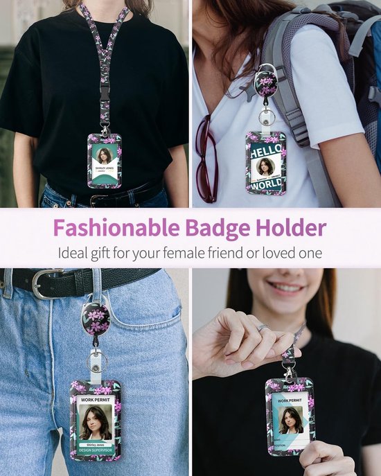 Floral Badge Holder met Roze Bloemen en Zwart Plastic, Inclusief Retractable Reel en Lanyard Strap voor Sleutels en ID Kaarten — afbeelding 2