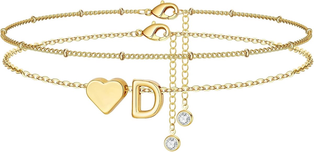 Stijlvolle 14K Gouden Geplakte Enkelband met Hartjes en Letters voor Meisjes - Waterdichte Zomer Strand Sieraden, Perfecte Cadeaus voor Vrouwen en Vriendinnen