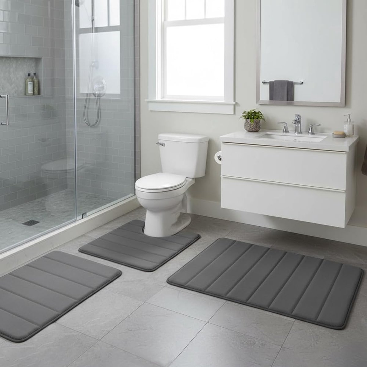 SnelShoppen - 3-delige badmatset, antislip badmatten, super absorberend badvloerkleed, machinewasbaar, donkergrijs, 40 x 60 + U50 x 60 + 50 x 80 cm vo