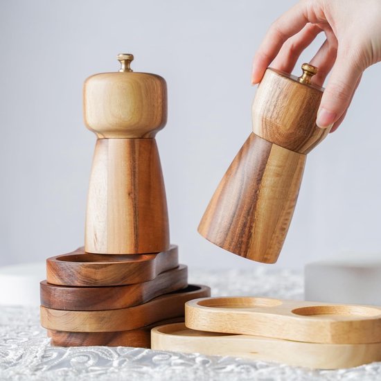 Verstelbare Pepermolen en Zoutmolen met Keramische Maalkern van Acaciahout, 14 cm Hoog, Perfect voor Specerijen en Keukenaccessoires — afbeelding 5