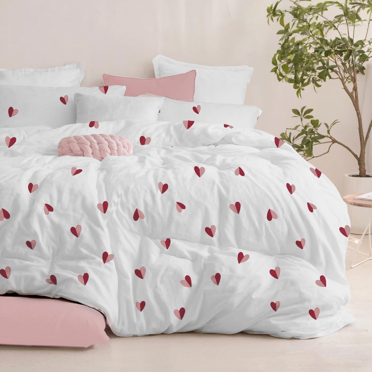 SnelShoppen - Beddengoedset 200 x 200 cm met 2 kussenslopen 80 x 80 cm, rood/roze hartpatroon, 100% microvezel, Oeko-Tex gecertificeerd, beddengoed vo