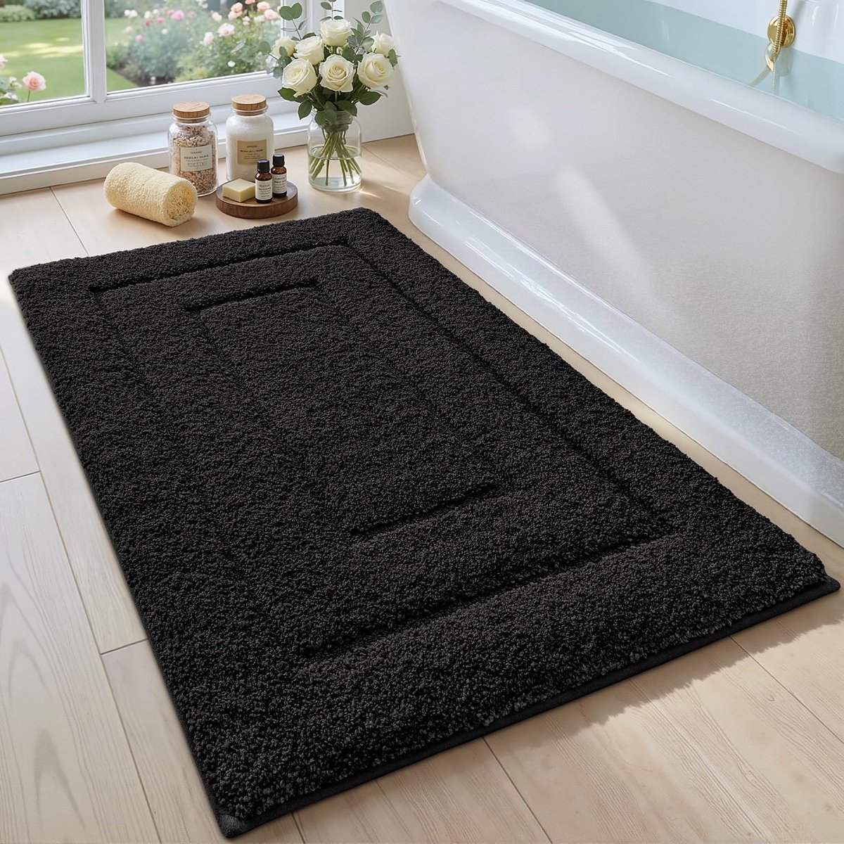SnelShoppen - Antislip Badmat Zacht Microvezel Absorberend Machinewasbaar 50 x 80 cm Zwart voor Douche Bad en Toilet