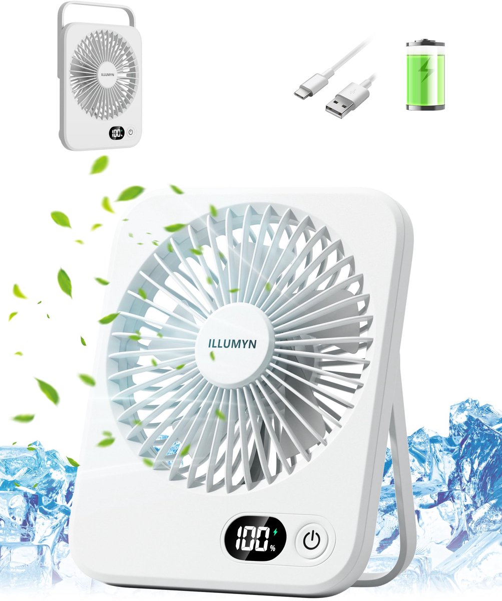 SnelShoppen - 4000mAh Oplaadbare Bureauventilator Draagbaar, Ultralicht en Stil, USB Ventilator met Sterke Luchtstroom, 5-Snelheden Kantelbaar, Opvouw