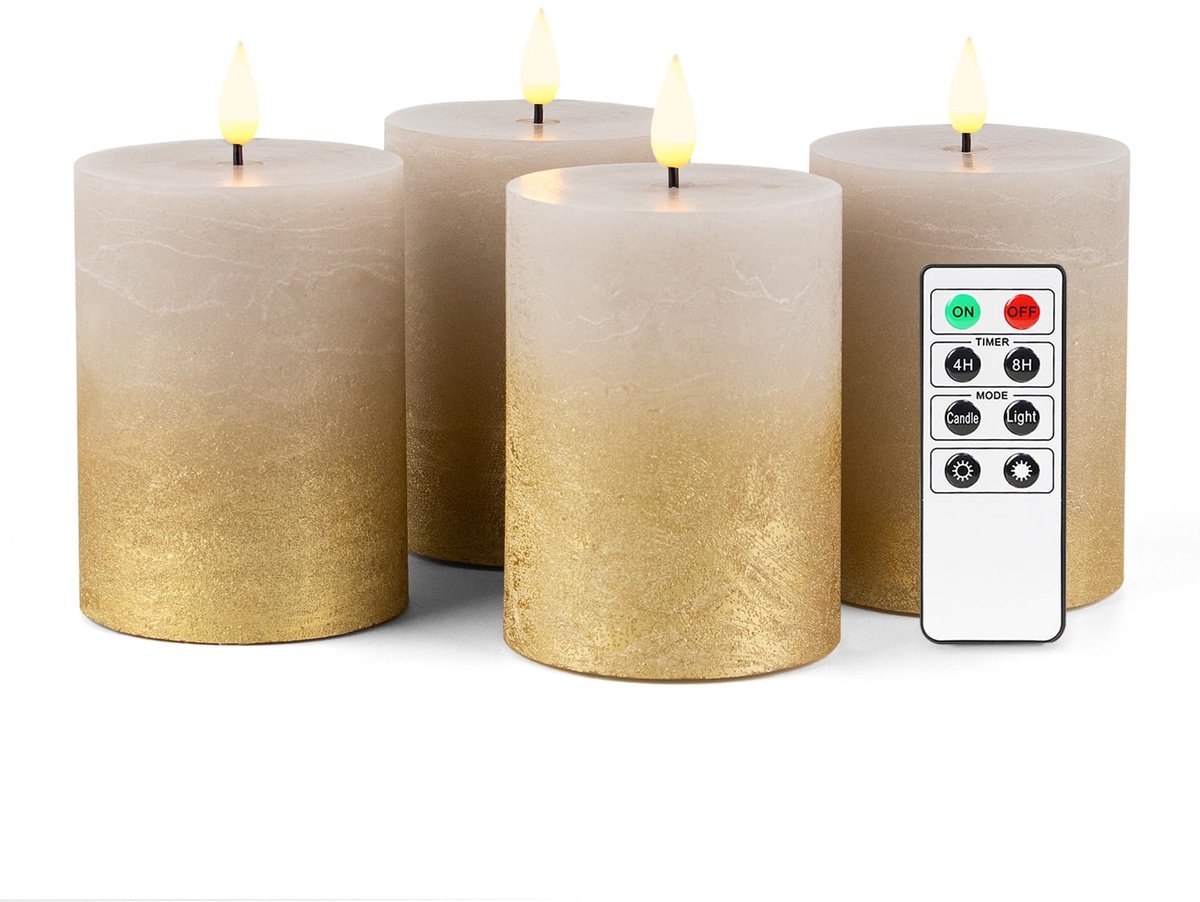 SnelShoppen - 4 Vlamloze LED Pijlerkaarsen met Timer en Afstandsbediening - Rustieke Waskaarsen op Batterijen - H 10 cm - Zandgrijs/Goud voor Kerstmis
