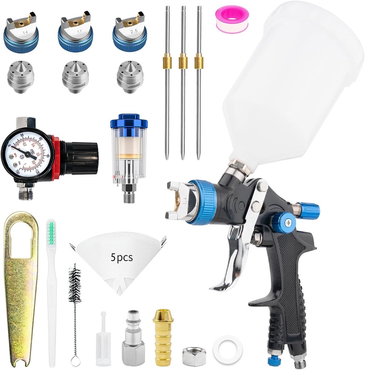 Professionele HVLP Verfspuit voor Carrosserie en Meubels, Gravity Feed, 3 Spuitmonden 1.4/1.7/2.5 mm, 600 cc Inhoud met Drukmeter en Precisie voor Perfecte Afwerking