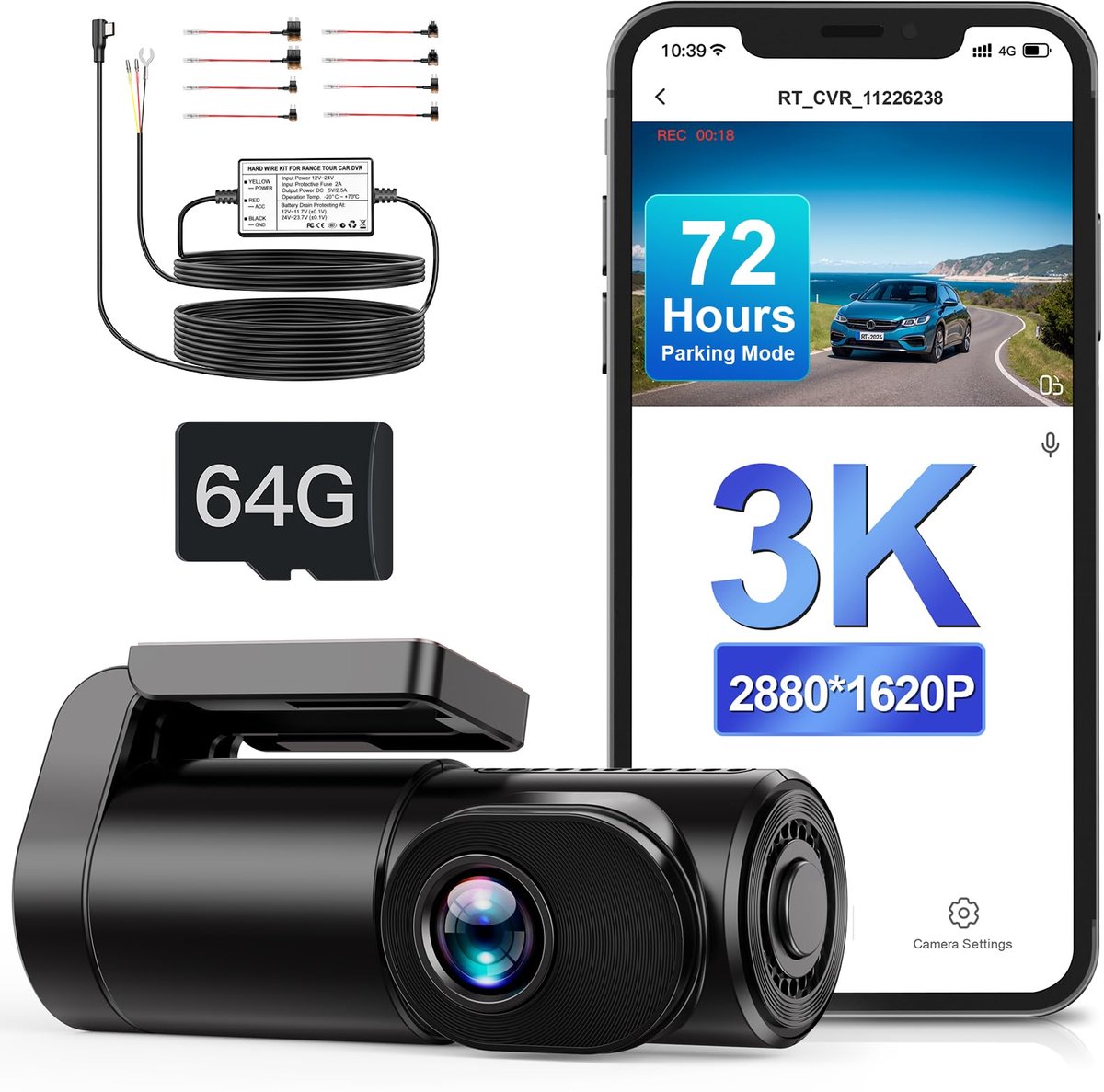 SnelShoppen - Range Tour 3K Dash Cam WiFi-autocamera met 3-aderige hardwire-kit, 72 uur parkeermonitor, 0,96 inch display, app-bediening, HDR 2.0, lus
