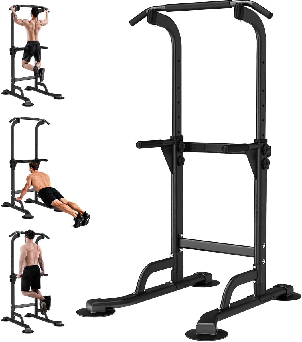 SnelShoppen - Vrijstaande Power Tower Pull Up Bar met 12 Verstelbare Hoogtes, Multifunctioneel Dip Station voor Thuis Gym, Krachttraining Apparatuur t