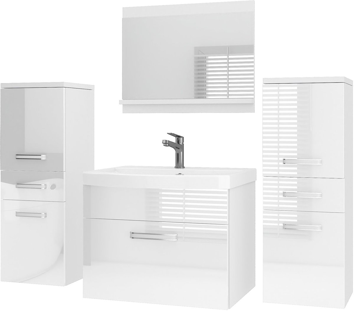 BELINI Badkamermeubel Set PRI P4 - Badmeubelset 120 cm Wit Hochglans met Wastafel en Spiegel - Wandmontage
