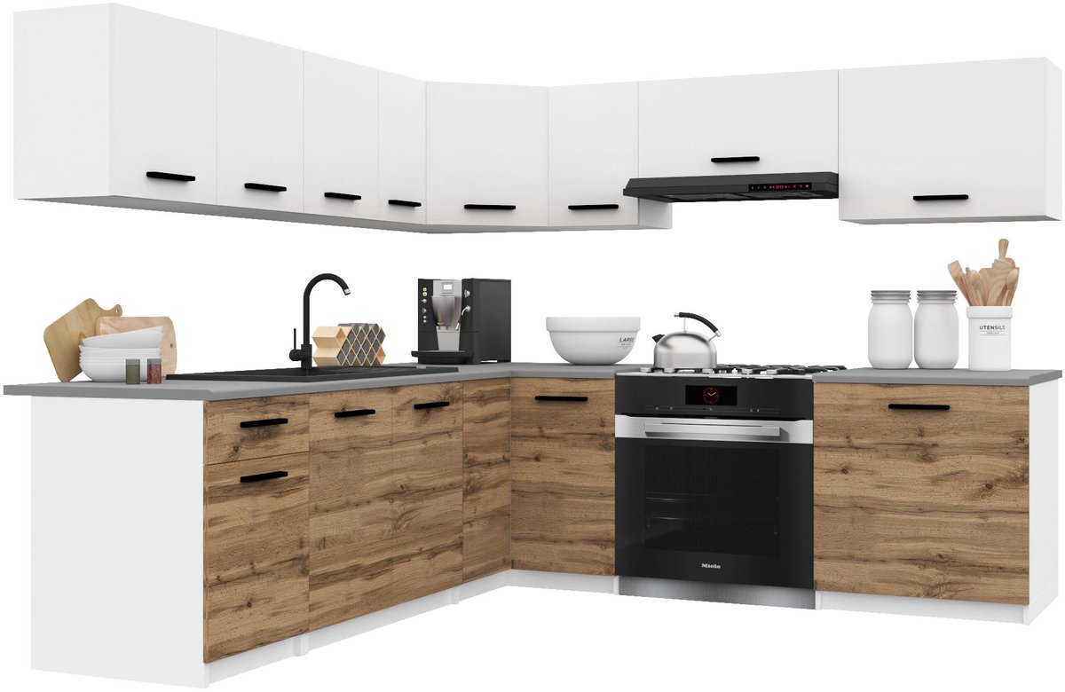 BELINI Keukenblok ITALIA 7 - Keukenmeubel Set 420 cm Wit-Goudbruin Mat met Werkbladen - Boven- en Onderkasten