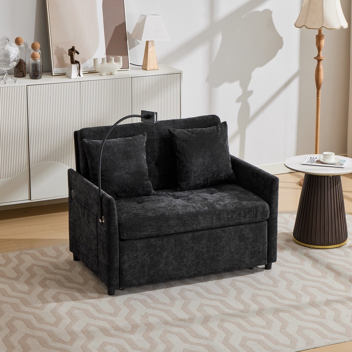 OKWISH Slaapbank 109 x 72 x 83,5 cm - 1-Zits Met USB-Aansluiting En Tablethouder - Compact Voor Woonkamer Of Kantoor - Polyester - Zwart