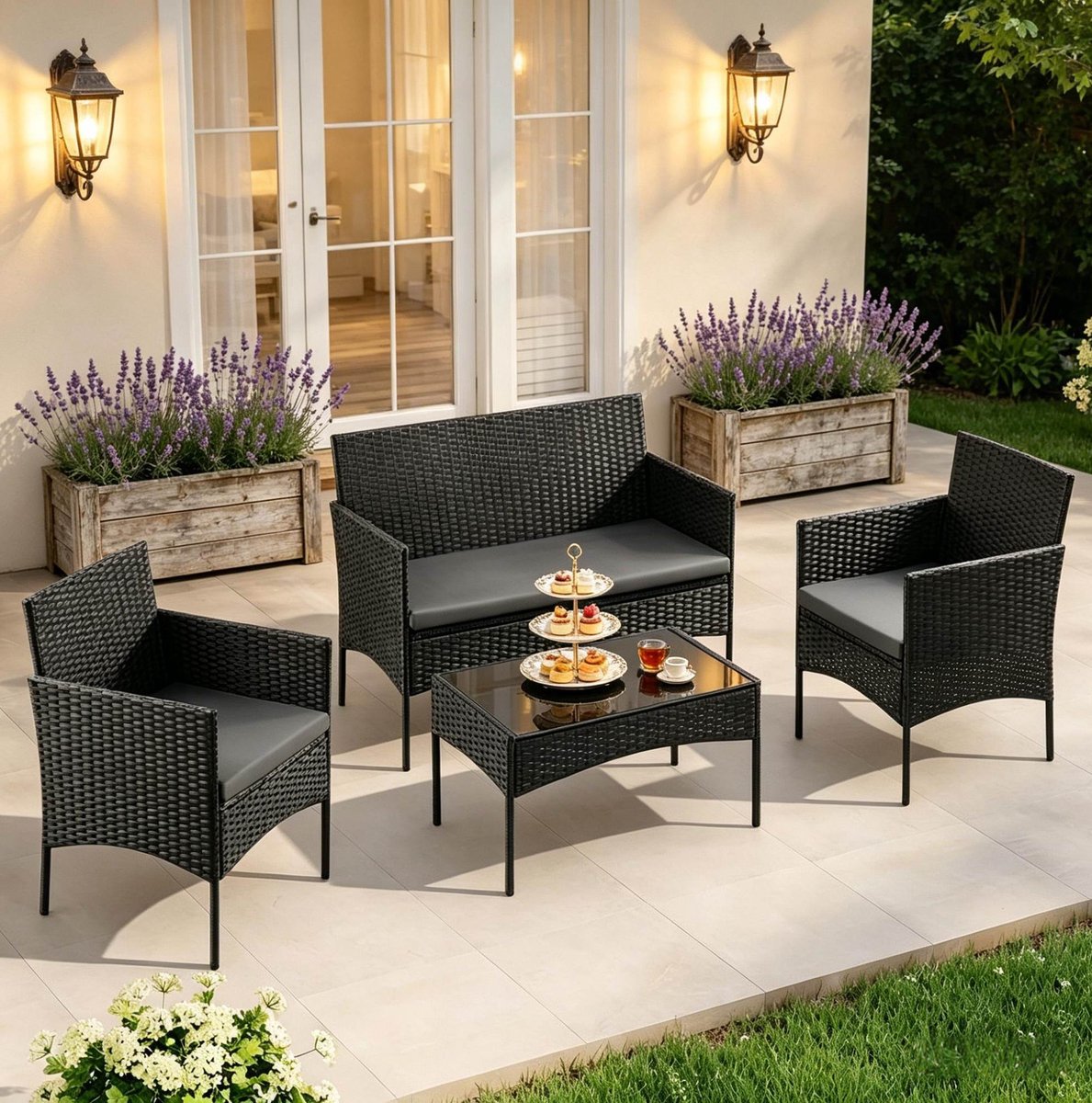 HAUSS SPOLE Loungeset - 4-Delige Stoel-Bank Set Met Kussens En Glazen Tafel - Voor Tuin, Balkon En Terras - PE-Rattan Zwart
