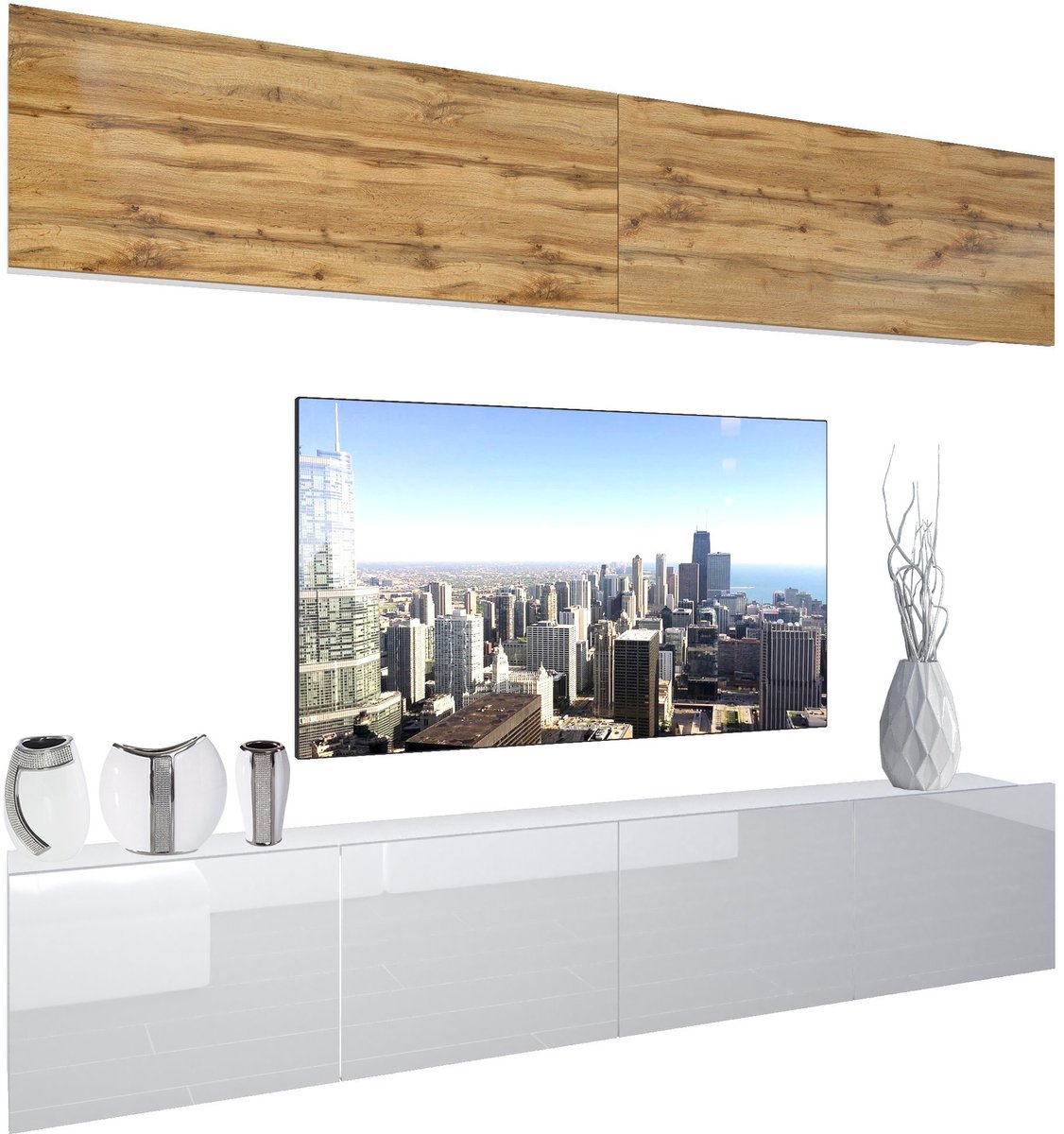 BELINI Wandmeubel NEX 6 - TV-Wandkast Set met LED-Verlichting Wotan Eiken / Wit - Hoogglans Fronten