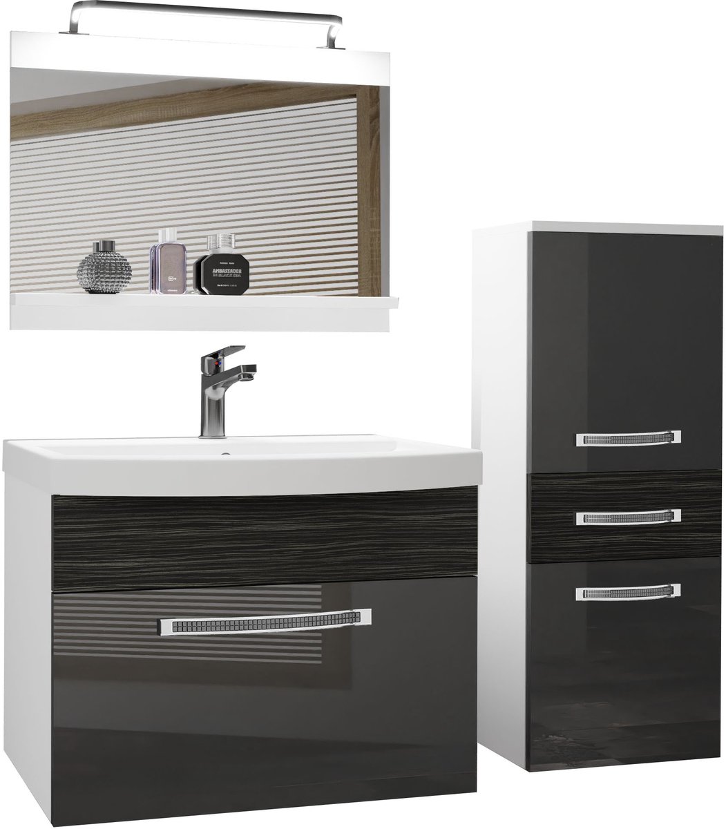 BELINI Badkamermeubel Set GLA PM 2 - Badmeubelset 100 cm Zilver/Ebbenhout Royal Hoogglans en Mat met Wastafel, Spiegel en LED Lamp - Wandmontage
