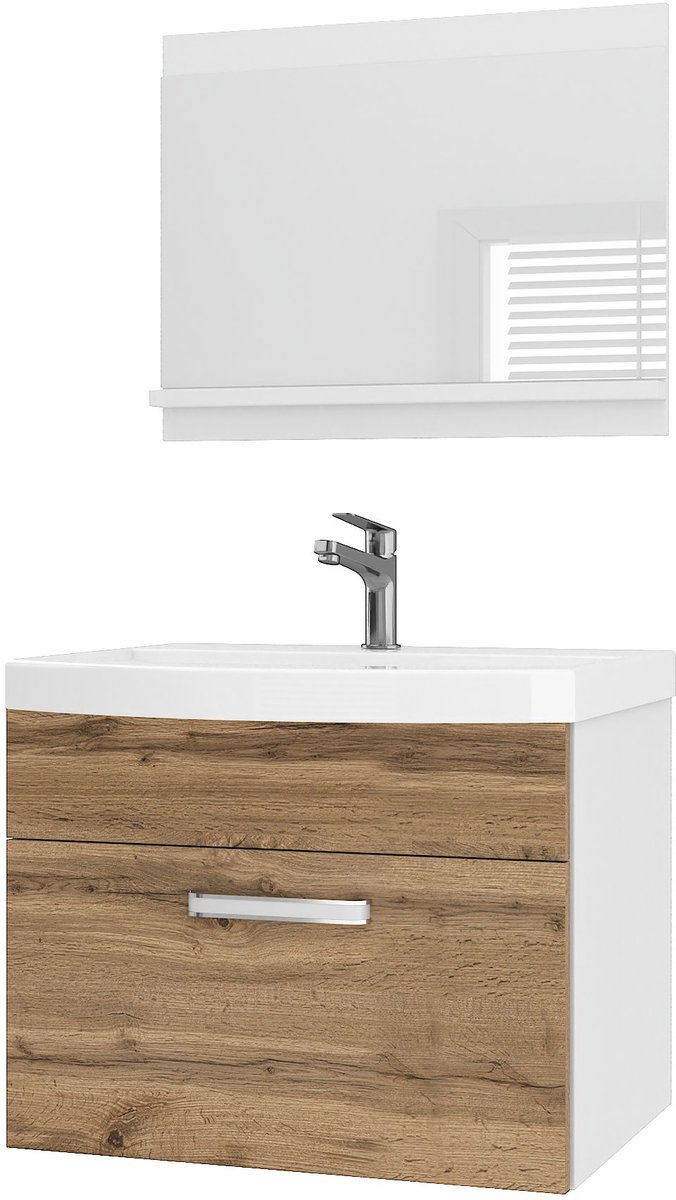 BELINI Badkamermeubel Set PRI M1 - Badmeubelset 60 cm Goudbruin Mat met Wastafel en Spiegel - Wandmontage
