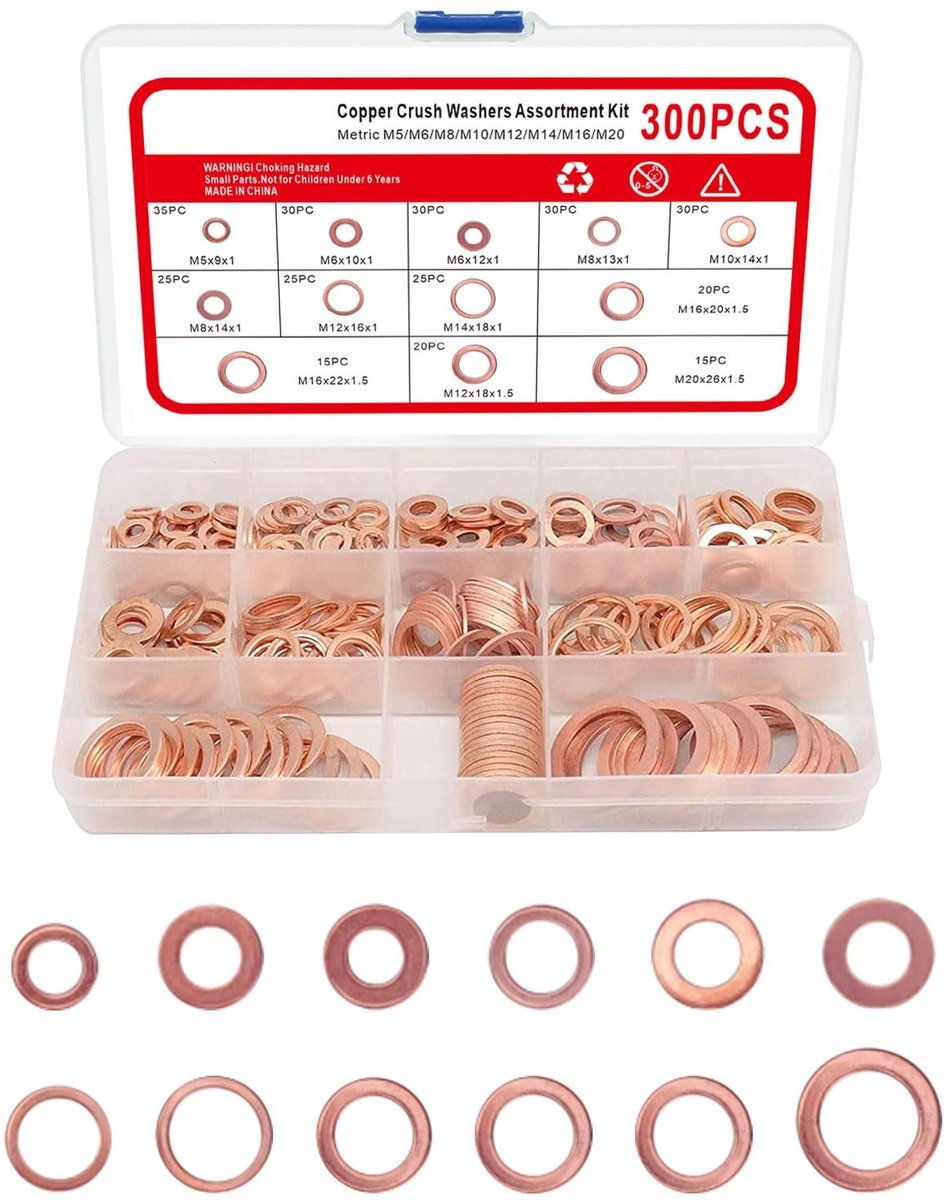 SolidKeus - Set van 300 Koperen Sealing Ringen in 12 Maten met Opbergdoos
