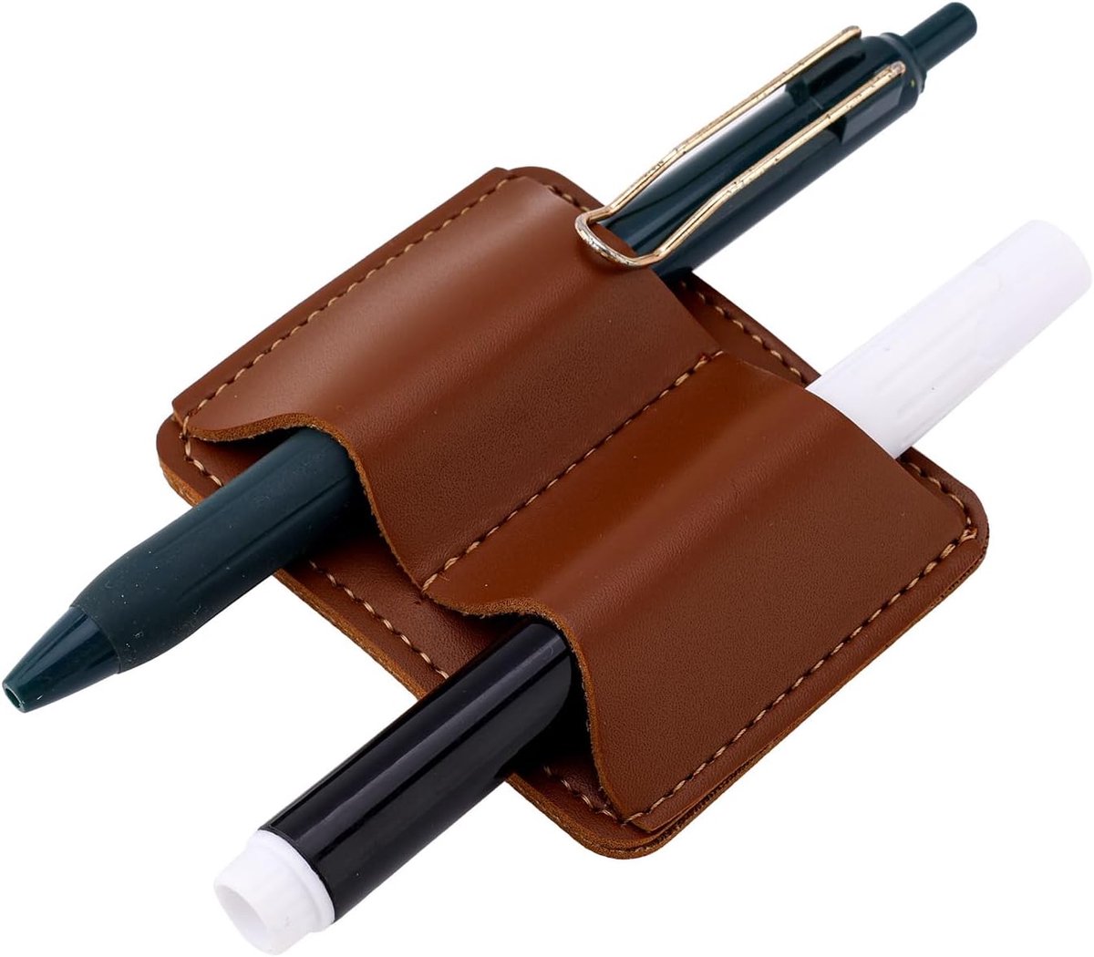 Leren Penhouder met Clip, 7,7 x 6,1 cm Praktische Penorganizer met Dubbele Gaten Dagboek Planner Potloodhouder Clip Lus voor Boeken Notitieboekjes Dagboeken Planners Tablethoes
