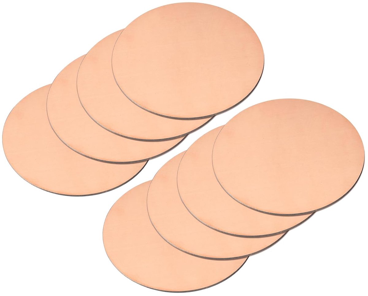 Zuiver koperplaat, 8 stuks 1 3/16 inch x 0,02 inch 25 gauge T2 koperen metalen ronde plaat voor handwerk, elektrische reparaties