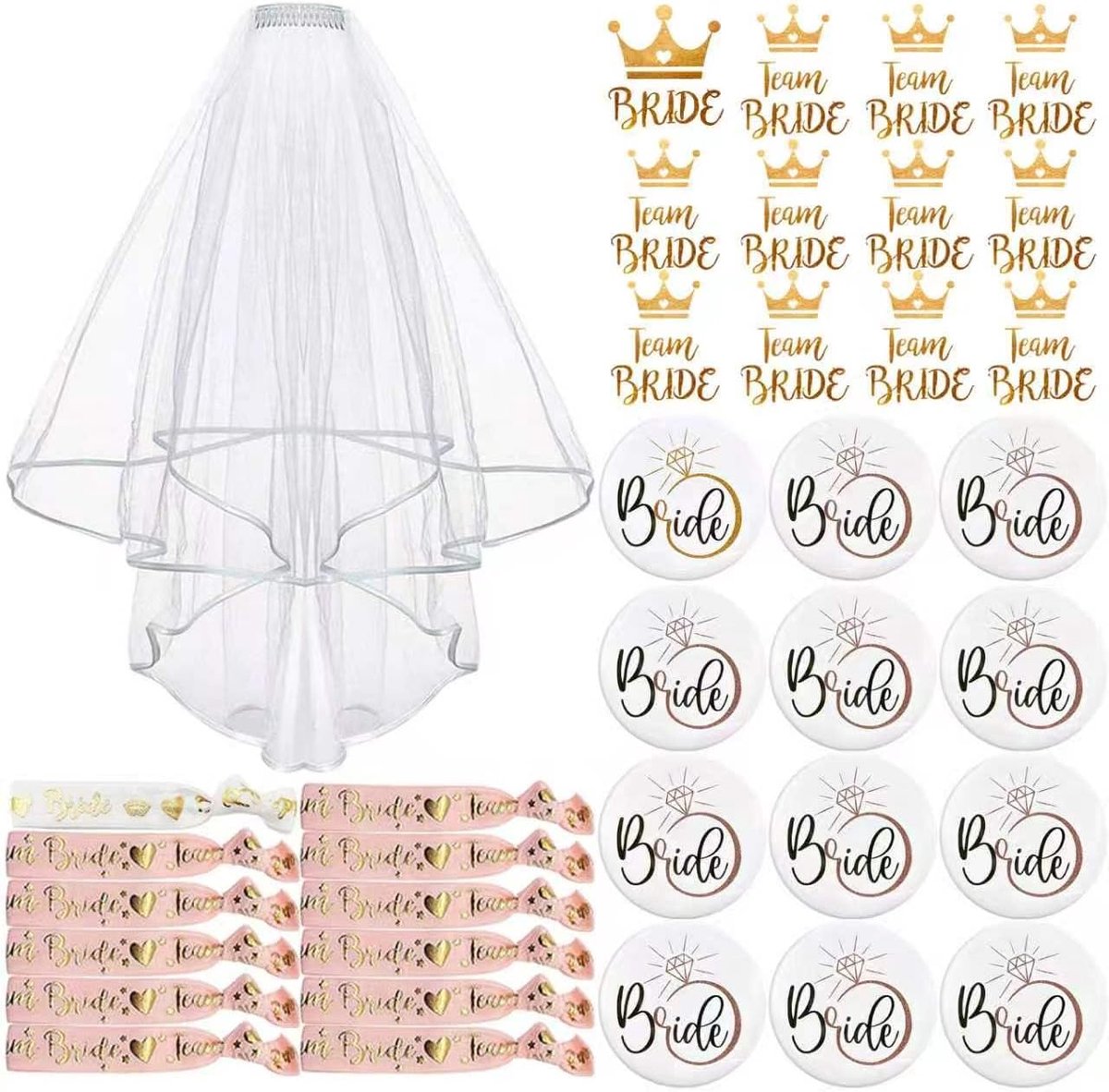 Badges Team de la bruid, 37-delige set accessoires voor bruiloft, 1 badge voor bruid + 11 badge voor vrienden Team Bride, 1 witte bruiloftssluier met kam, 12 armbanden Team Bride stickers
