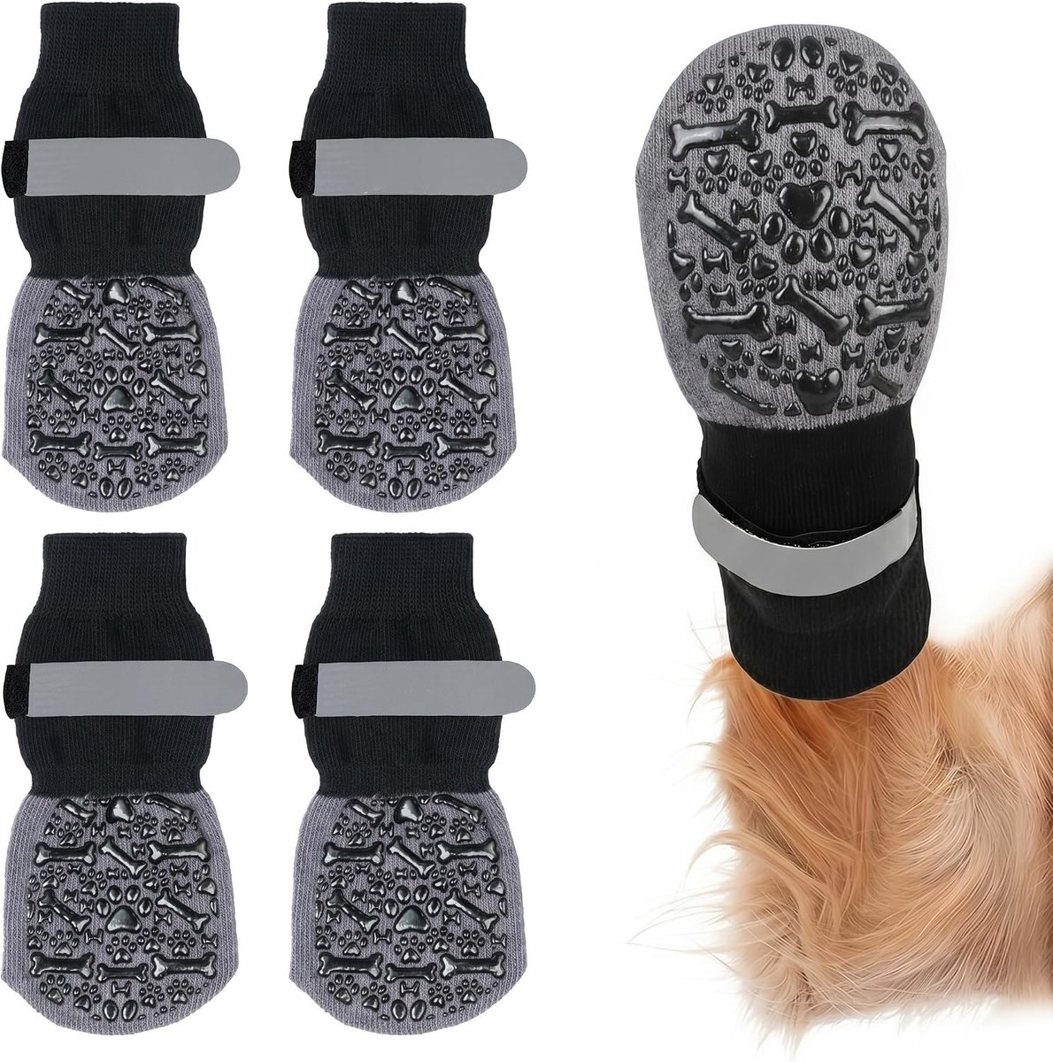 2 Paar Hondensokken Outdoor, Antislip Hondensokken, Verstelbare Dubbelzijdige Antislipsokken voor Honden, Pootbescherming voor Honden voor Harde Houten Vloeren Binnenshuis en Buiten (Zwart, m)