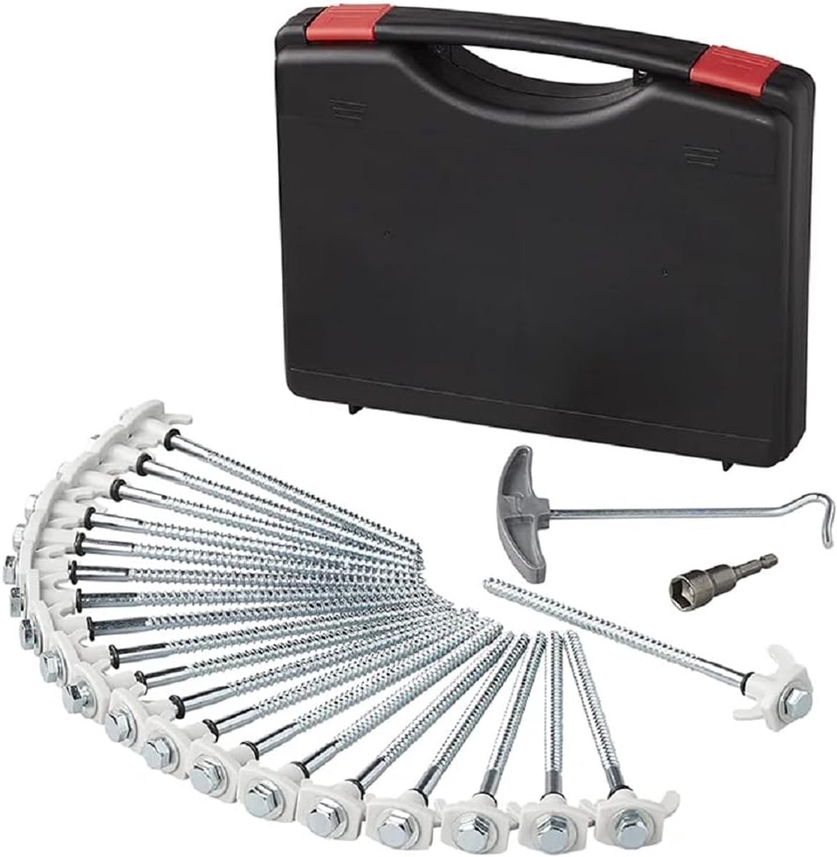 Tentharingen, set van 20 stuks, 20 cm, metaal, schroefbaar met kunststof haken + adapter in koffer | Stevig metaal met magnetische adapter. Voor het snel verankeren van tenten, luifels en windschermen op de camping.
