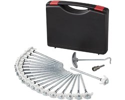 Tentharingen, set van 20 stuks, 20 cm, metaal, schroefbaar met kunststof haken + adapter in koffer | Stevig metaal met magnetische adapter. Voor het snel verankeren van tenten, luifels en windschermen op de camping.