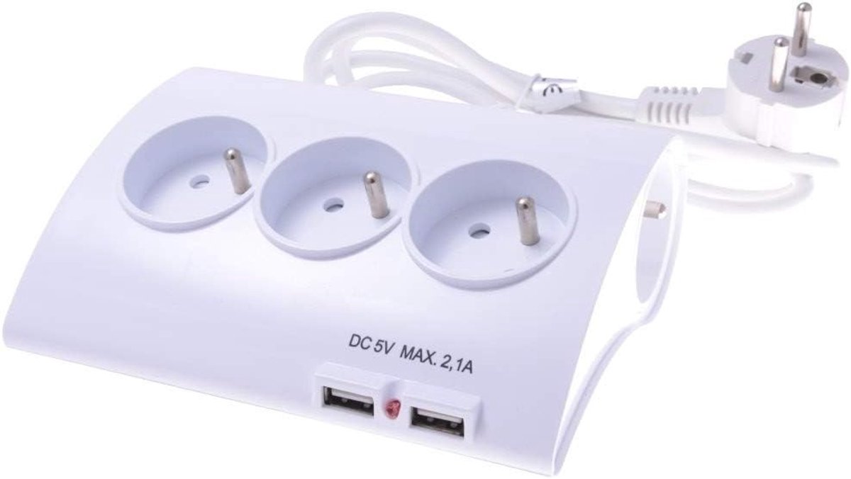 Stekkerdoos 1,5 m met 2x USB, 5-voudig, kwaliteitsverlengkabel 230V, 5 stopcontacten 45° gedraaid met kinderbeveiliging, LED-indicatoren, USB max. 2,1 A, kleur wit