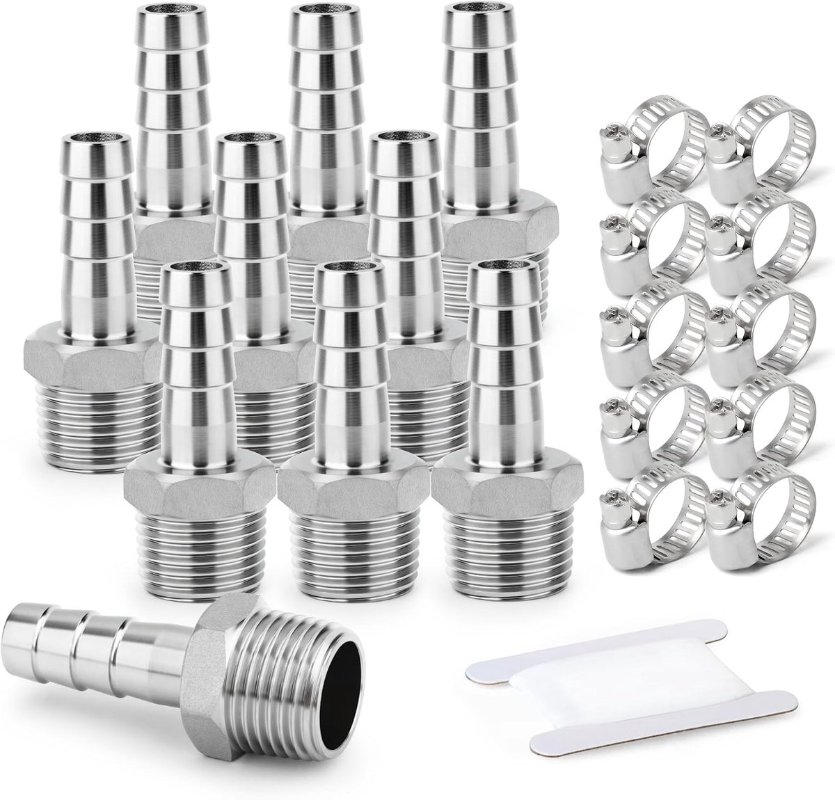 10PCS smeden van 304 roestvrij staal van Lucht Slangkoppelingen, slang Barb Fittings 6MM Barb x 1/4" MBSP Pipe Adapter met 10PCS slangklem