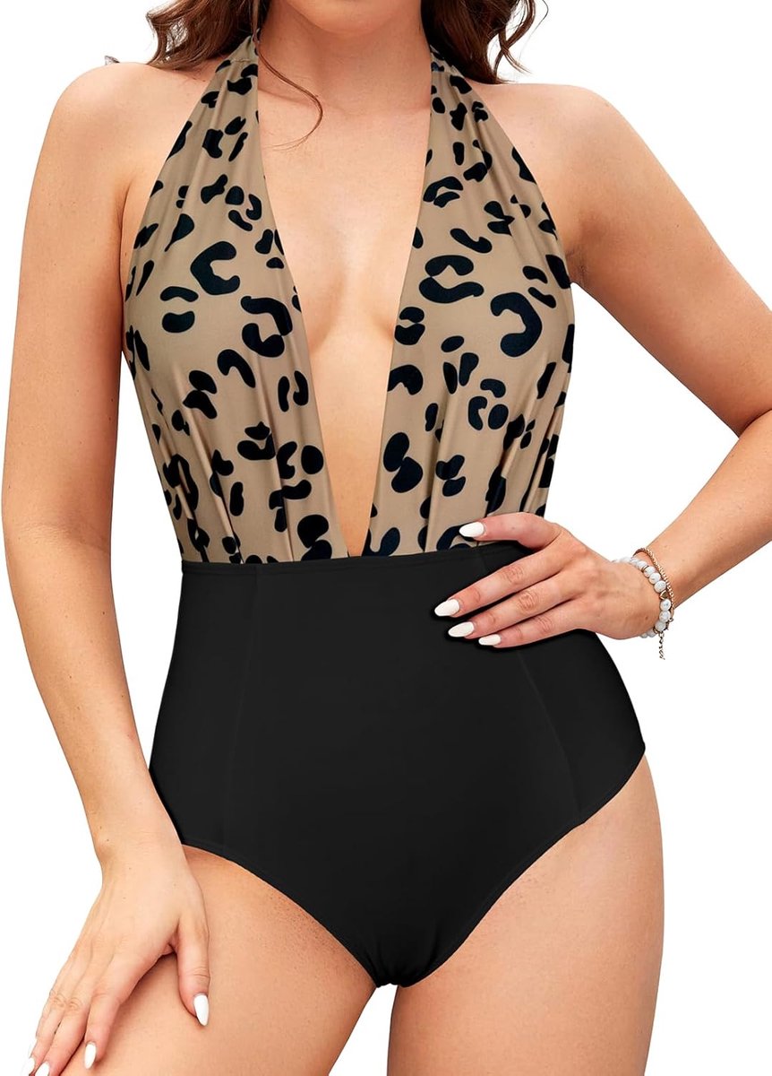 Dames Eendelige Badpak Diepe V-hals Verstelbaar Halter Badpak Sexy Effen Kleur Elegant Afdrukken Driehoek Bikini Zwempak