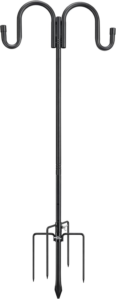 272 cm verstelbare vogelvoederpaal met 5 tanden basis, robuuste roestvrije dubbele herdershaken voor outdoor kolibrievoederstandaard, zonne-verlichting, lantaarns, bloemenmand, zwart