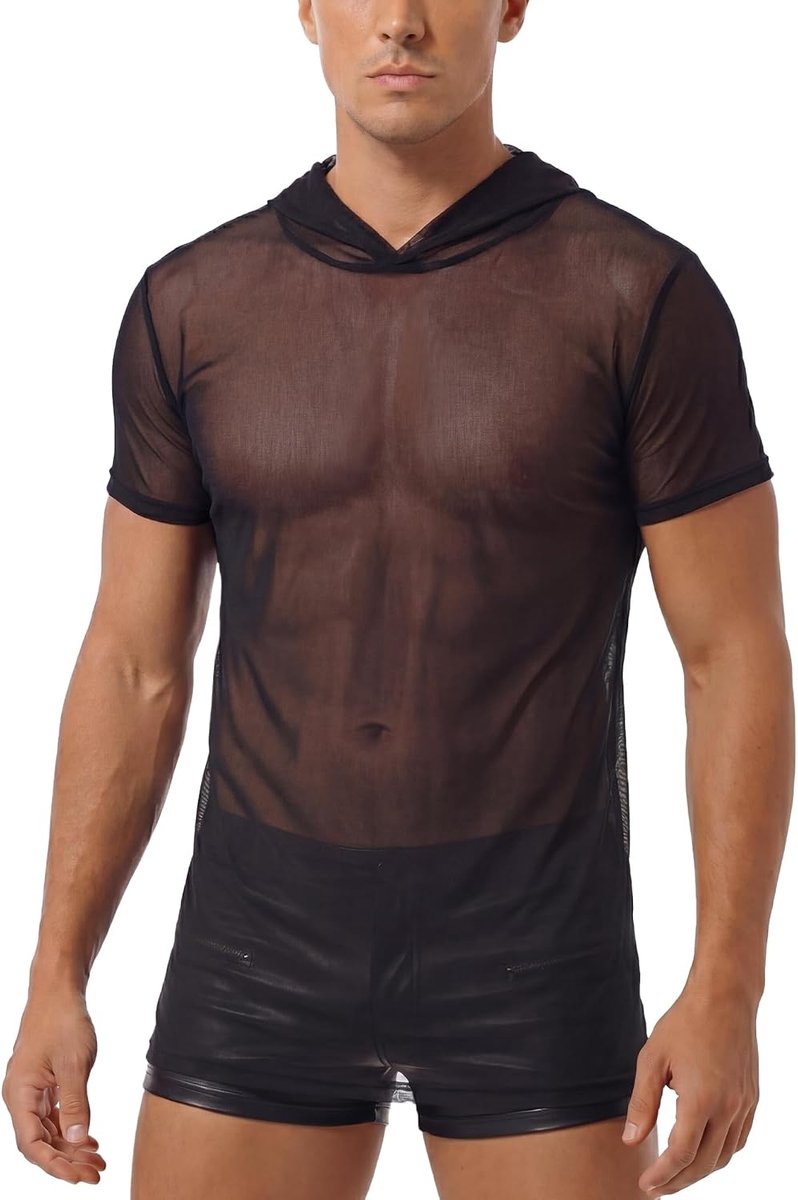 Mesh-hemd voor heren, transparant, licht, spiershirt met capuchon, elastische mesh, clubwear, EU S-XXL