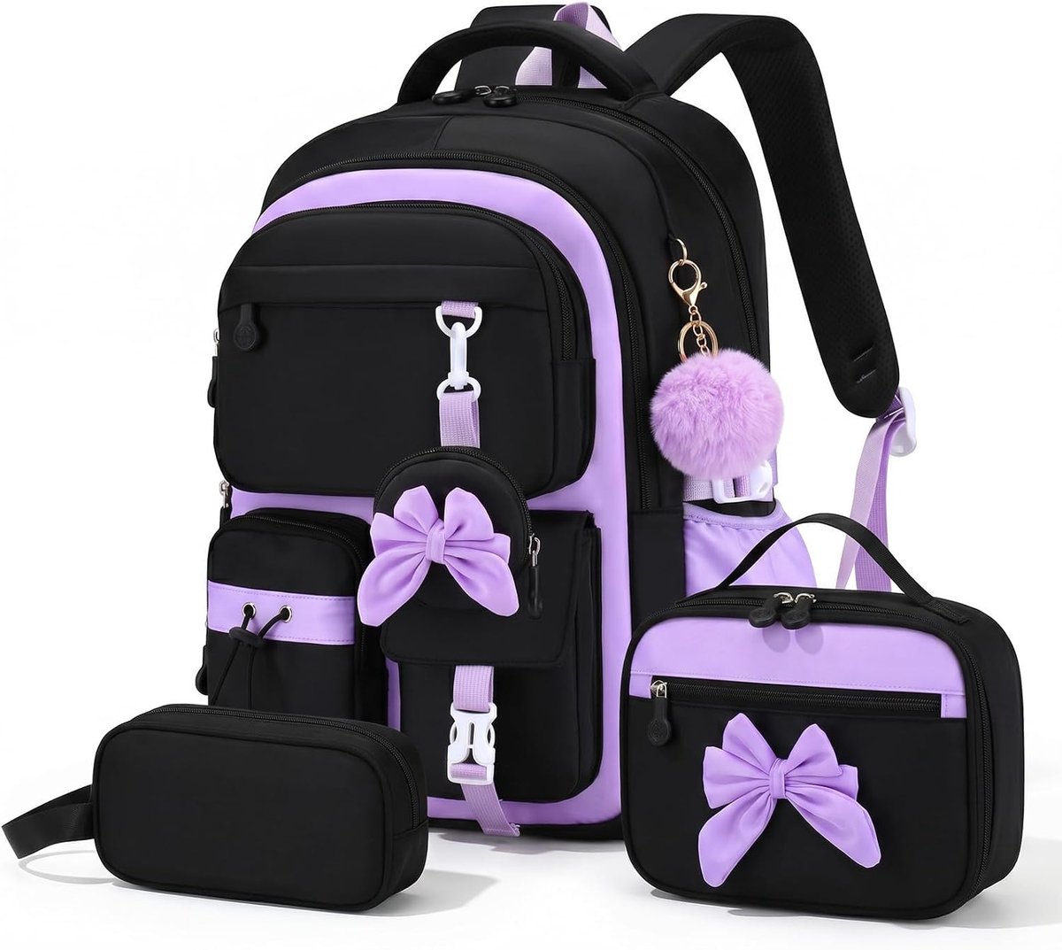 3-delige schoolrugzakset voor meisjes van de 3e tot 7e klasse, tienerschooltas met lunchtas en etui, schooltas voor basisschool en middelbare school, waterdicht, met schattige strik, 24 l