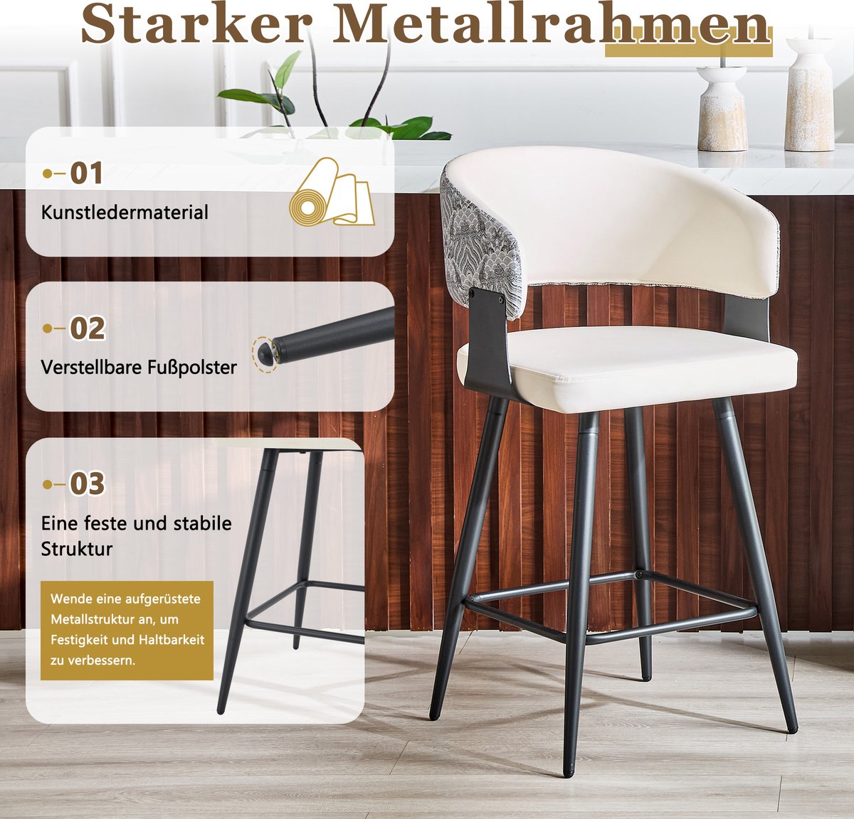 MODENUIT Barkruk Set van 2 - Met Rugleuning En Voetsteun - Voor Keuken, Bar En Eiland - Kunstleer Wit