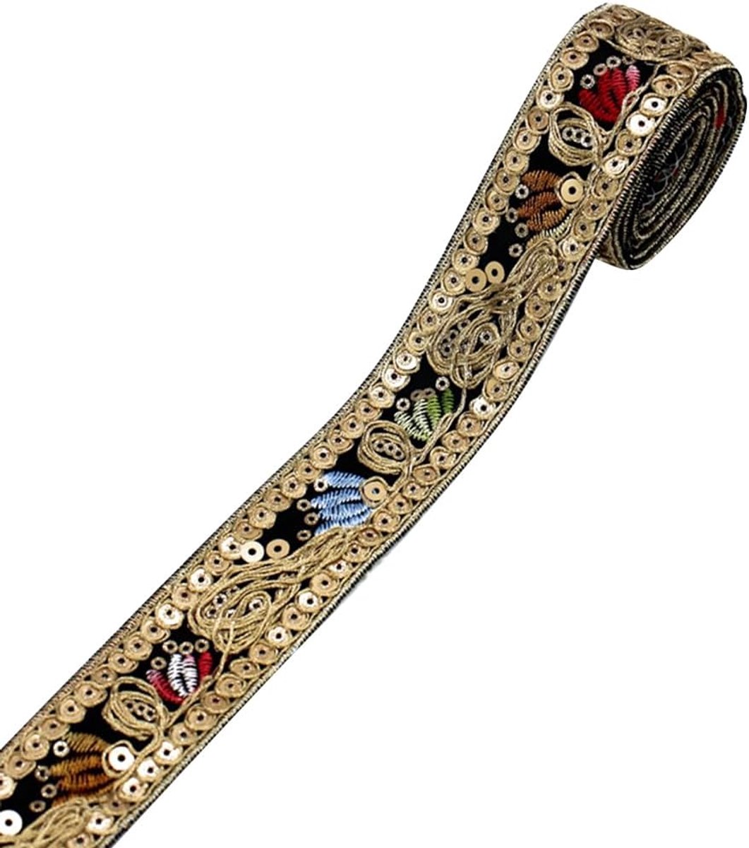 9.14M 1 Inch Zwart Goud Jacquard Metallic Lint Borduurwerk Polyester Vintage Linten Etnische Glitter Pailletten Trim Bulk Voor Naaien Maken Ambachten Kerst Uitnodigingen Halloween DIY