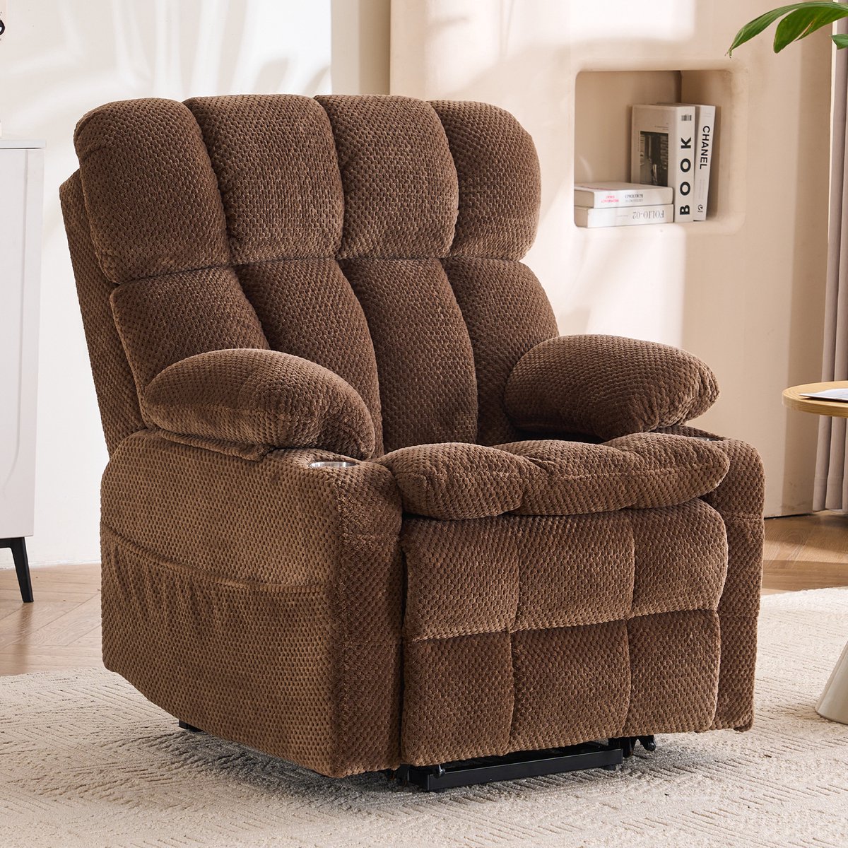 MODENUIT Relaxfauteuil 91 cm - 2 Motoren Met Sta-opfunctie En Massage - Voor Woonkamer - Flanel - Bruin