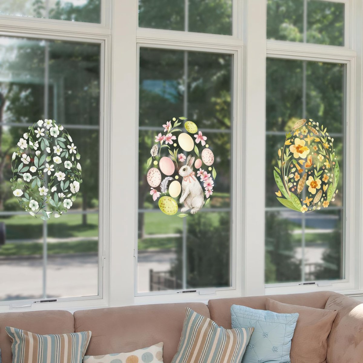 Lente bloem venster klampt zich vast, grote paaseieren statische sticker | Anti-botsing dubbelzijdige konijnenstickers, herbruikbare PVC-tuinglasstickers, voor school thuis kantoor decoratie