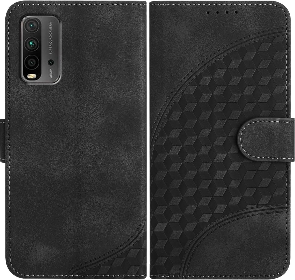 Hoes voor mobiele telefoon voor Xiaomi Redmi 9T, met kaartenvak, standfunctie en magneetsluiting, PU-leren etui, folio, klaphoes, compatibel met Redmi 9T, zwart
