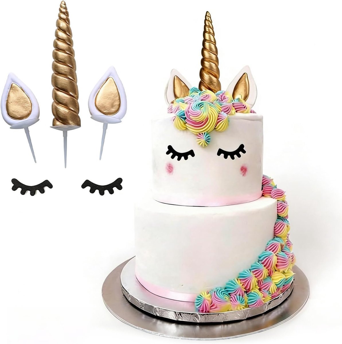 Set van 6 gouden eenhoorn-taartdecoraties, schattige toppers met hoorns, oren en wimpers voor decoratie van verjaardagstaart, bruiloft en themafeesten, eenhoorn-decoratie voor kinderen