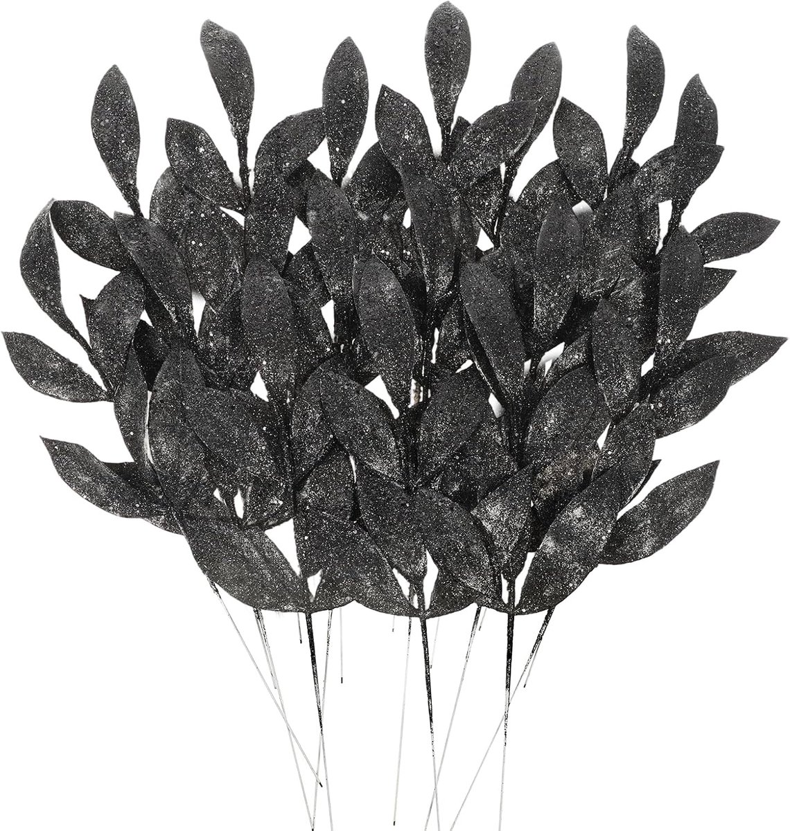 16 stuks Kerst Kunstmatige Glitter Bladeren, Zwarte Glitter Kerstbladeren Picks voor Centerpieces, Kerstboom Ornamenten voor Vaas Slinger Krans Bruiloft Boeket Tafel Huis Tuin Decor