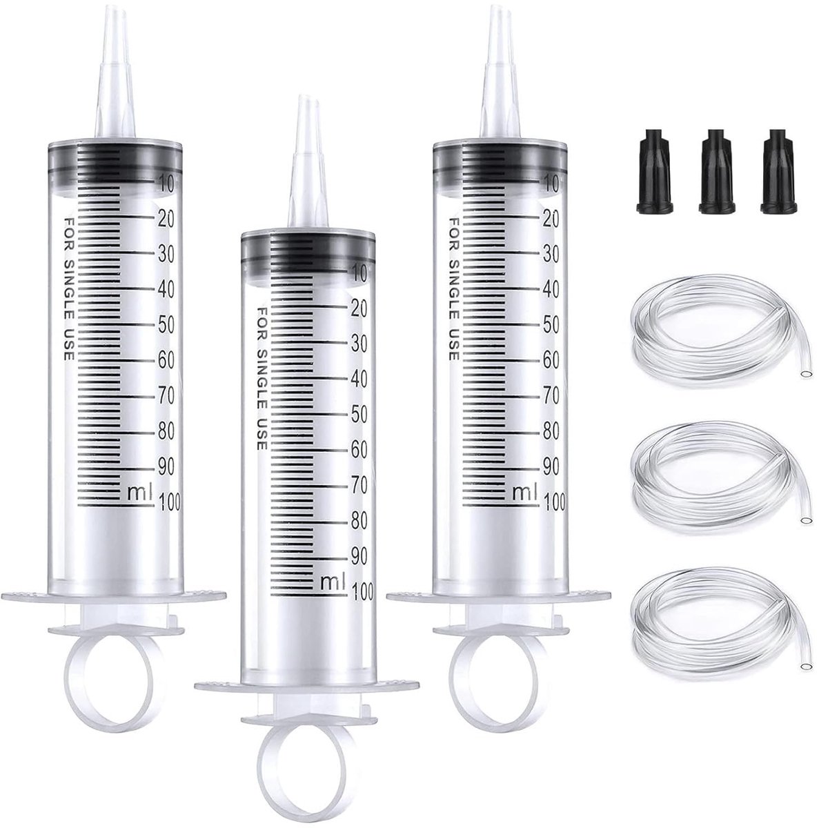 3 stuks 100 ml spuit, grote spuiten met slang voor wetenschappelijke laboratoria, zonder naald voor bijvullen en meten, olie, lijmapplicator van vloeistoffen, voeden van huisdieren, wetenschappelijke