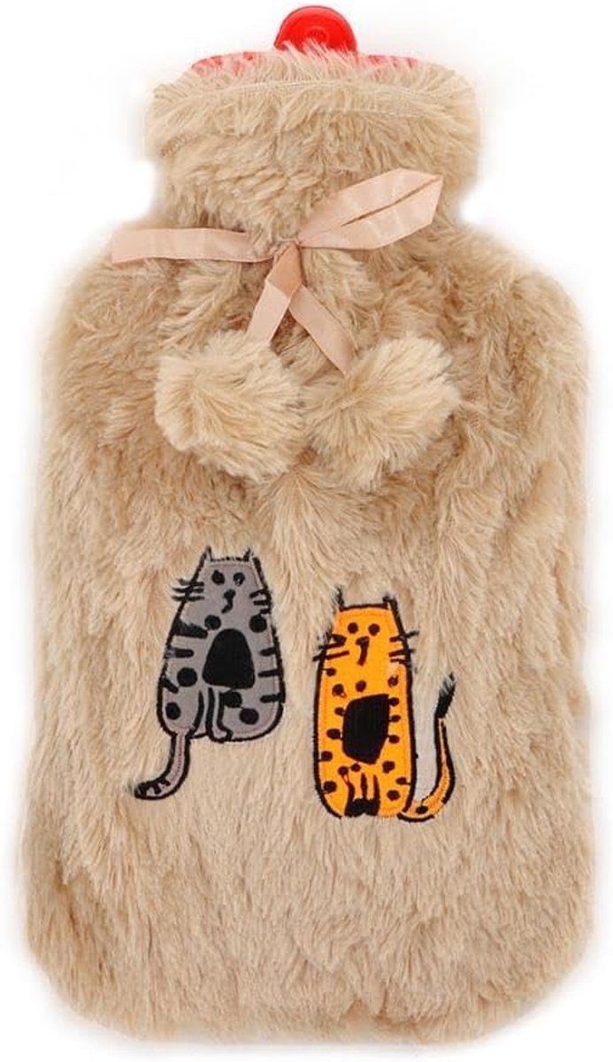 Kruik, BiggDesign Cats, Warmwaterkruik, Warmwater Kruik met Hoes, Super zachte luxe Pluche… (Beige Cats) | Zachte pluche overtrek, afneembaar, wasbaar op 30 °C, 2 l rubberen waterzak, warm water tot 60 °C, voor bed en bank