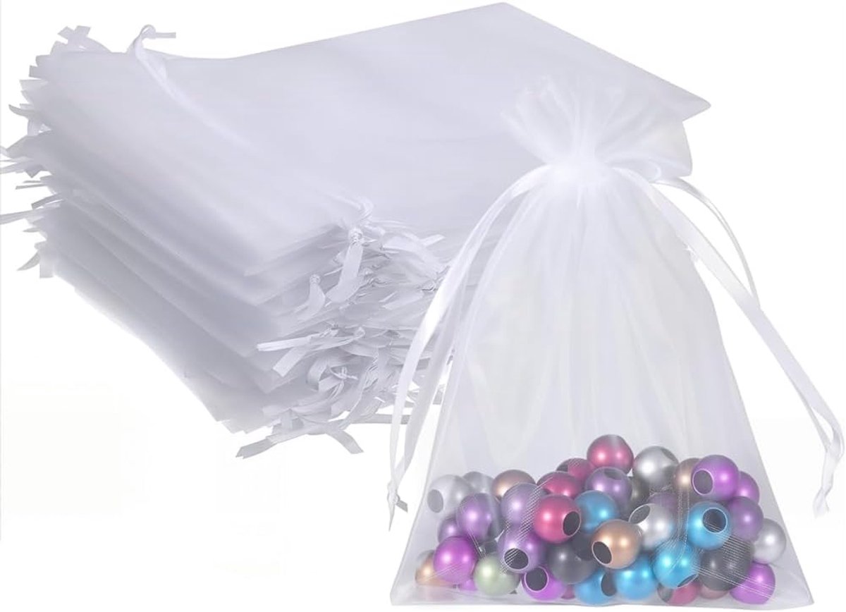 Wit, 50 stuks, transparante stoffen zakjes met trekkoord, elegant geschenkzakje voor het verpakken van sieraden, dragees, bruiloft, feest en dagelijkse opslag, praktisch