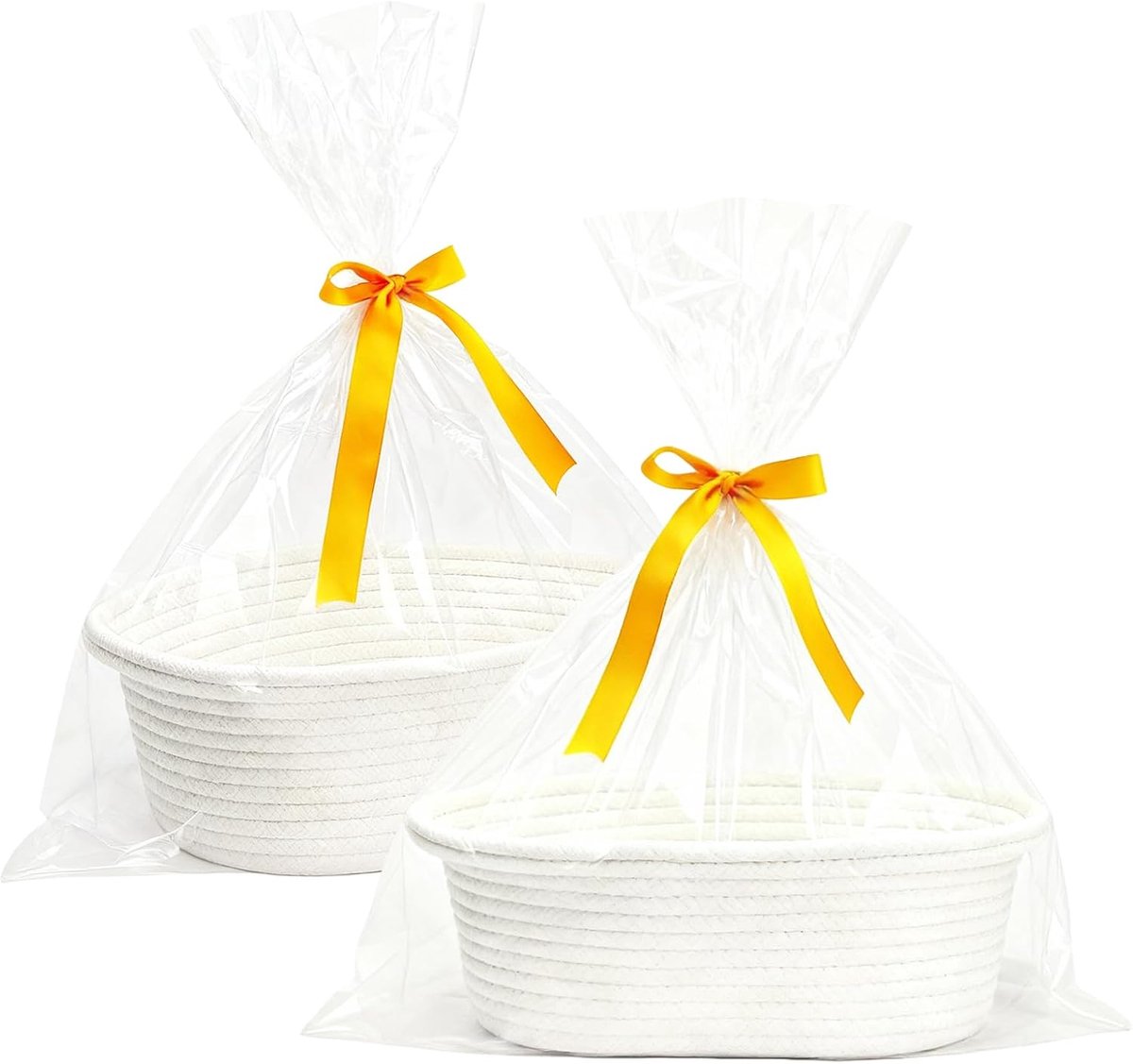 Gevlochten geschenkmand, presentatiemand, leeg, met transparante cadeaufolie en strik, festival, verjaardag, feest, bruiloft, 2 stuks (wit)