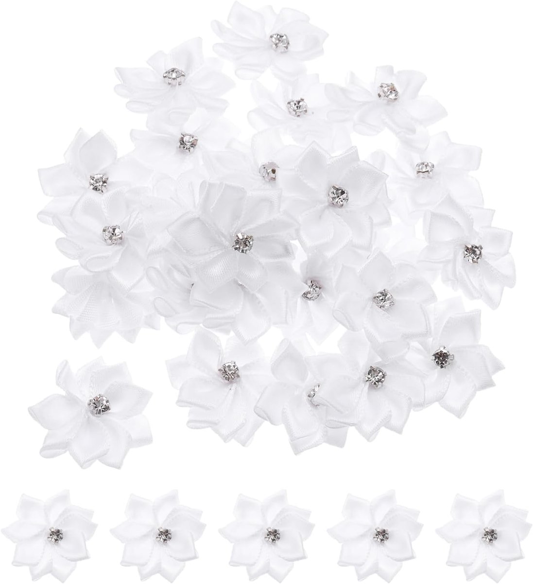 1,2 Inch Mini Satijnen Lint Bloemen - 100 Stuks Witte Stof Bloemen voor Ambachten DIY Bruiloft Applicaties