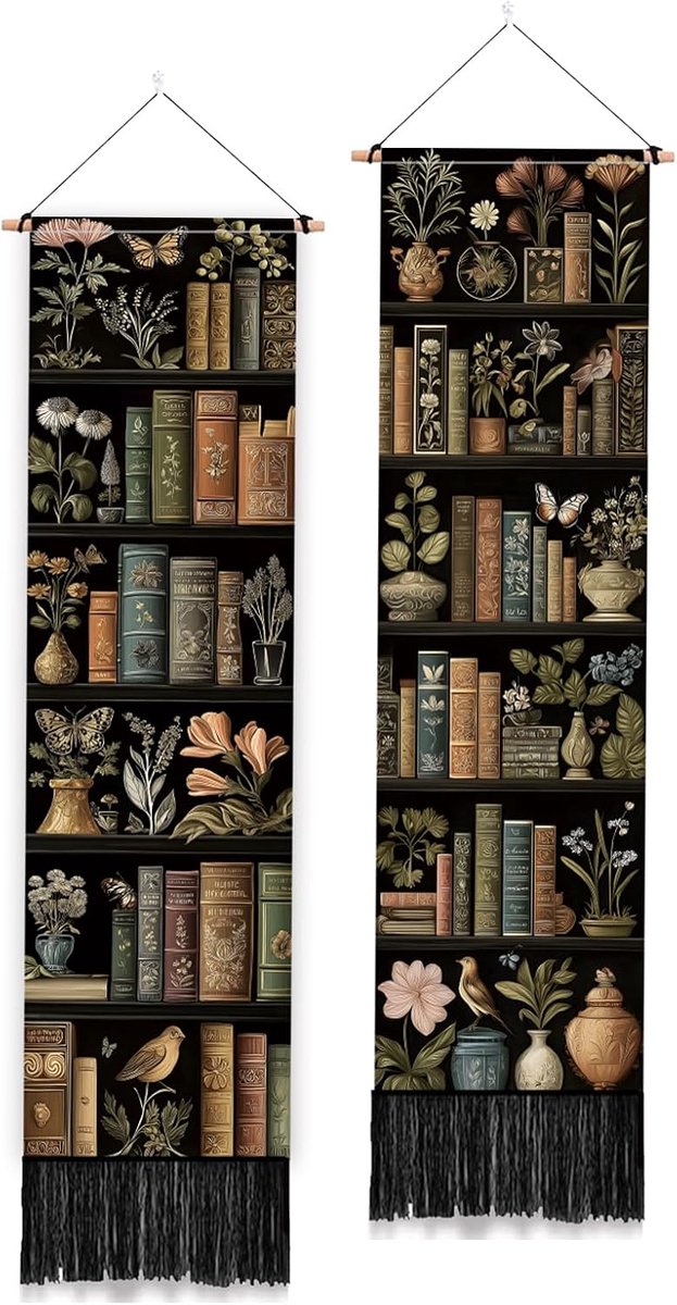 2 Pack Botanische Boek Plank Wandtapijt, Vintage Lange Verticale Tapestry Esthetische Muur Opknoping met Kwasten voor Slaapkamer Woonkamer Boek Liefhebber Bibliotheek Home Art Decor